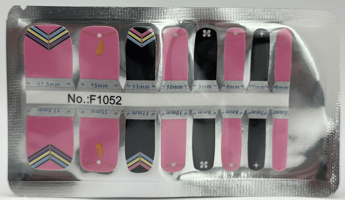 Pink and black pedicure nail wraps with chevron geometric patterns for toe nails