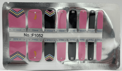 Pink and black pedicure nail wraps with chevron geometric patterns for toe nails