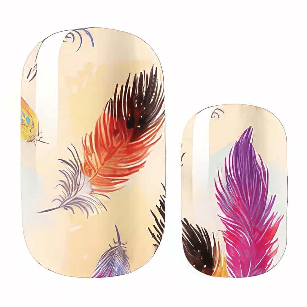 Individual feather pattern nail wraps showing cream base with colourful pink purple orange designs