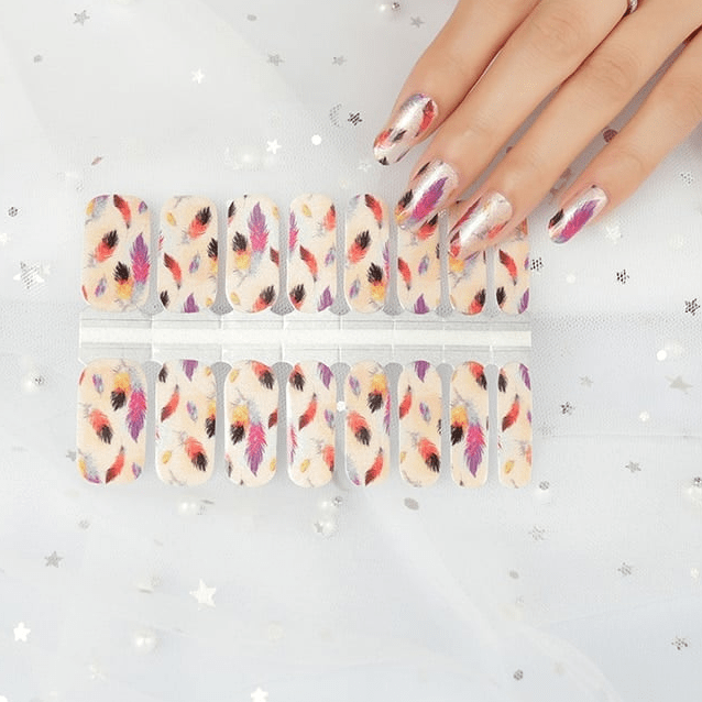 Non-UV feather nail wraps sheet with colourful boho pattern for at-home manicure application