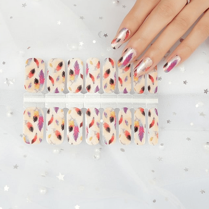 Non-UV feather nail wraps sheet with colourful boho pattern for at-home manicure application
