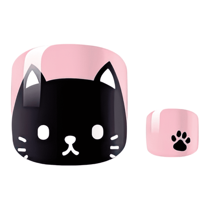 Pink pedicure nail wraps with cute black cat faces and paw print designs
