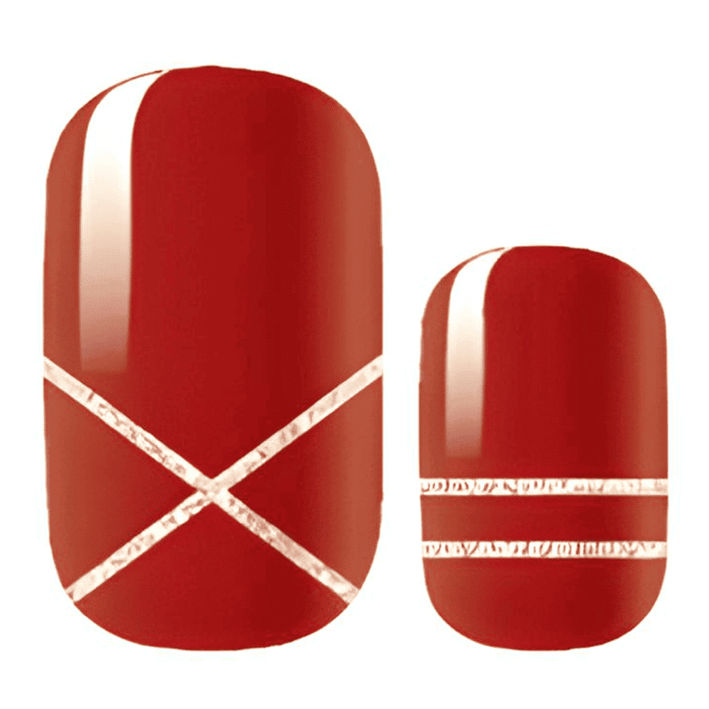 Deep red Holy Classics nail wraps with gold metallic crisscross stripe accent