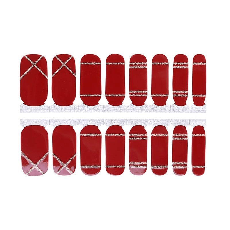 Red non-UV nail wraps sheet with gold crosshatch and stripe patterns