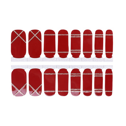 Red non-UV nail wraps sheet with gold crosshatch and stripe patterns