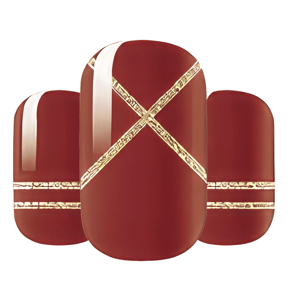 Deep red nail wraps with metallic gold crosshatch pattern for elegant at-home manicure