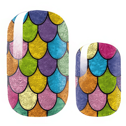 Colourful holographic nail wraps with rainbow mermaid scale pattern for at-home manicure
