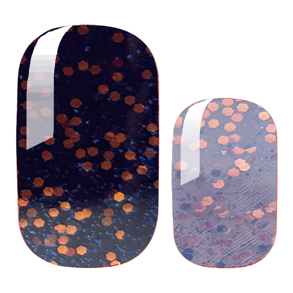 Navy blue nail wraps with copper glitter dots ombre effect close-up