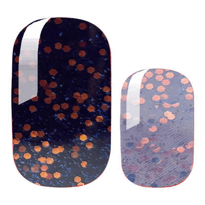 Navy blue nail wraps with copper glitter dots ombre effect close-up