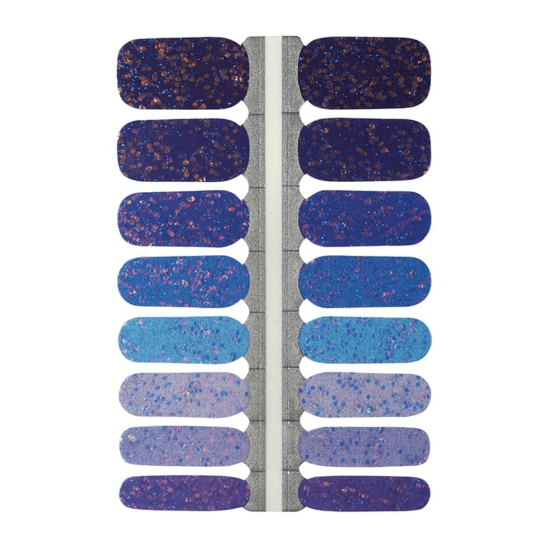 Blue ombre glitter nail wraps sheet showing gradient sparkle design for at-home manicure