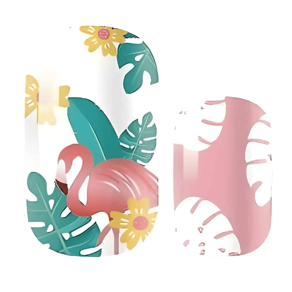 Tropical flamingo nail wraps with pink birds and green botanical leaves design