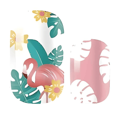 Tropical flamingo nail wraps with pink birds and green botanical leaves design