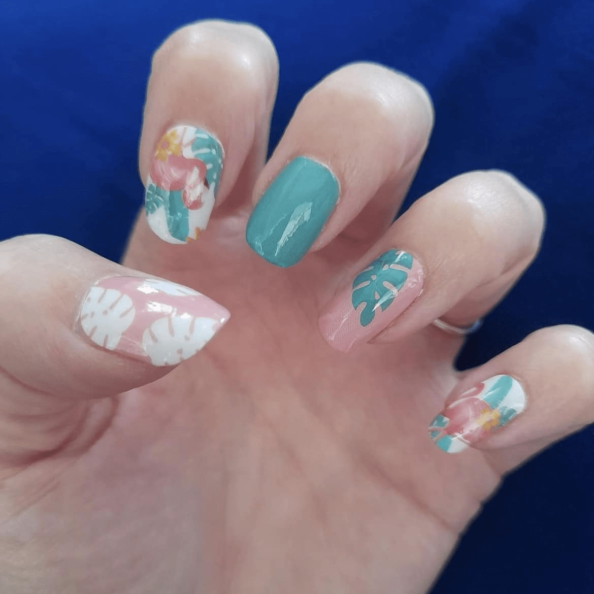 Holy Classics nail wraps, teal and pink tones with flamingo and palm leaf motifs