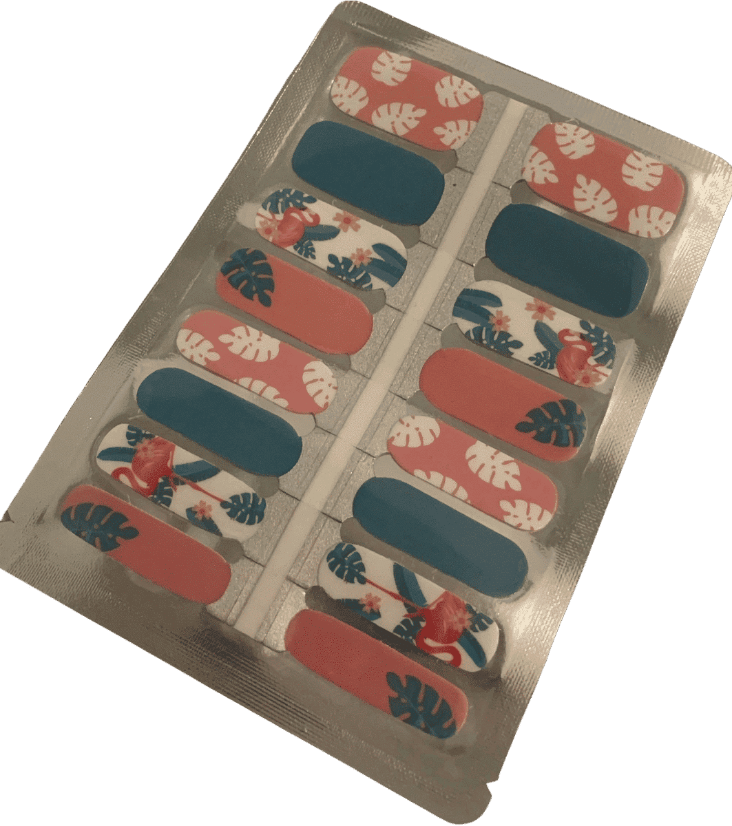 Sheet of tropical flamingo nail wraps featuring coral pink and teal botanical patterns for at-home manicure
