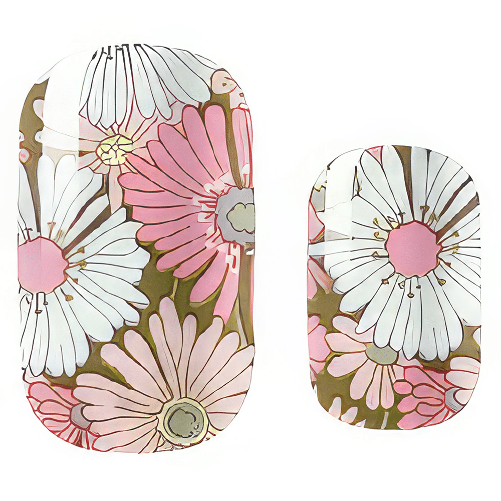 Vintage floral nail wraps with pink and white daisy patterns in pressed flower botanical design