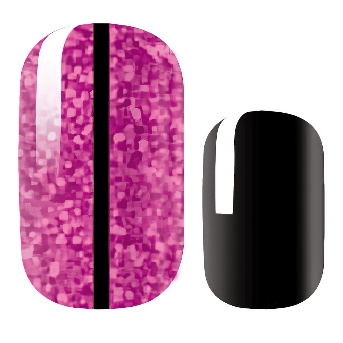 Pink glitter mosaic nail wraps with black centre stripe, paired with glossy black accent nail.