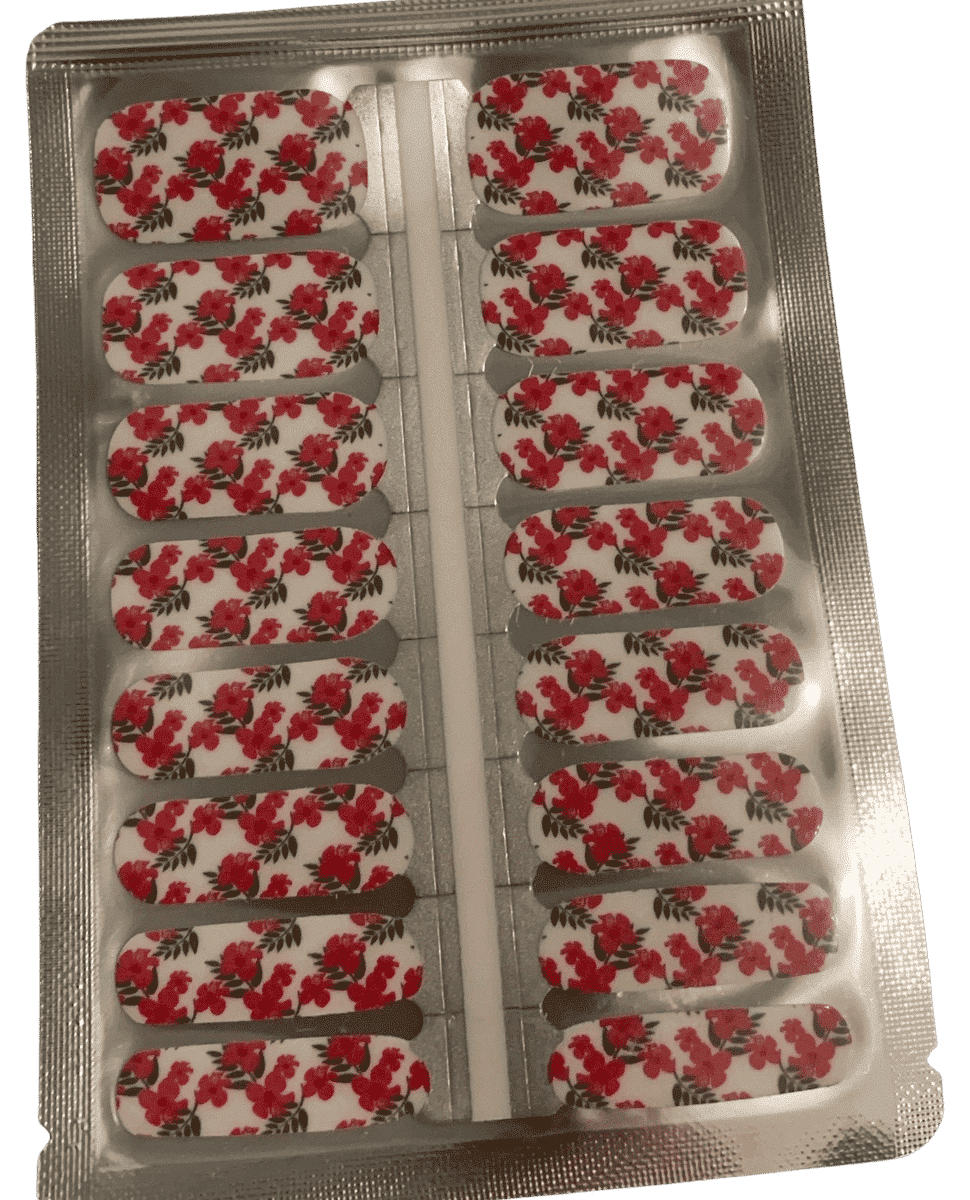 Sheet of pink floral nail wraps showing individual strips with hibiscus flower pattern