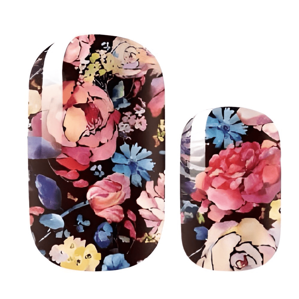 Moody botanical nail wraps featuring dark background with pink and blue flowers