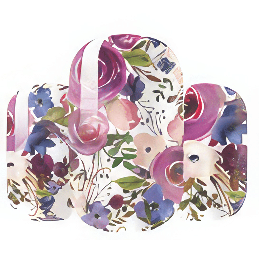 Curved floral nail wraps displaying watercolour roses in pink purple and blue botanical pattern