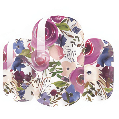 Curved floral nail wraps displaying watercolour roses in pink purple and blue botanical pattern