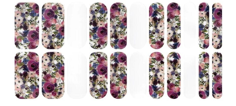 Wide fit floral nail wraps sheet showing 22 pieces with pink purple watercolour flower design