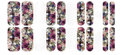 Wide fit floral nail wraps sheet showing 22 pieces with pink purple watercolour flower design