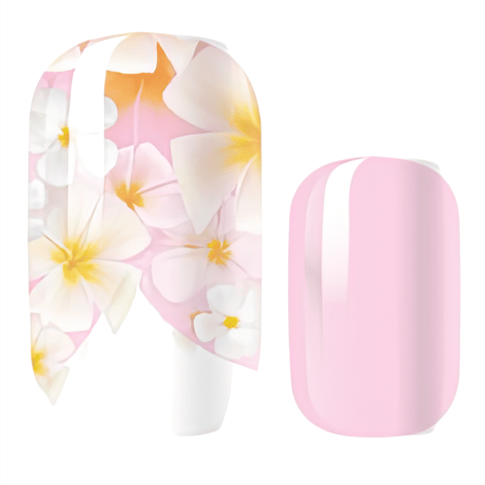 White nail wraps with pink plumeria flowers and matching solid pink design