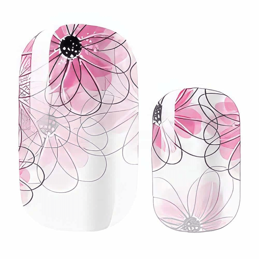 Pink sheer floral nail wraps with delicate watercolour flowers and botanical patterns