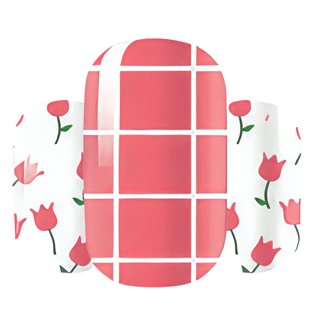 Red grid and pink tulip floral nail art wrap designs for DIY manicure