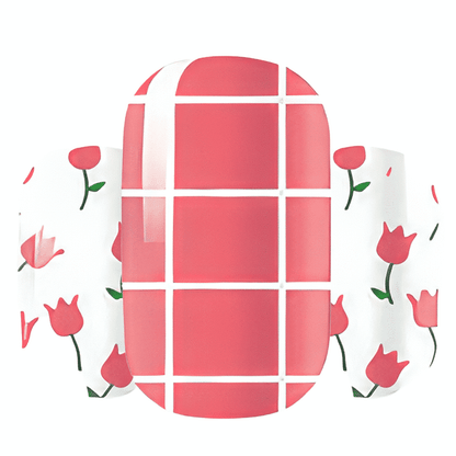 Red grid and pink tulip floral nail art wrap designs for DIY manicure