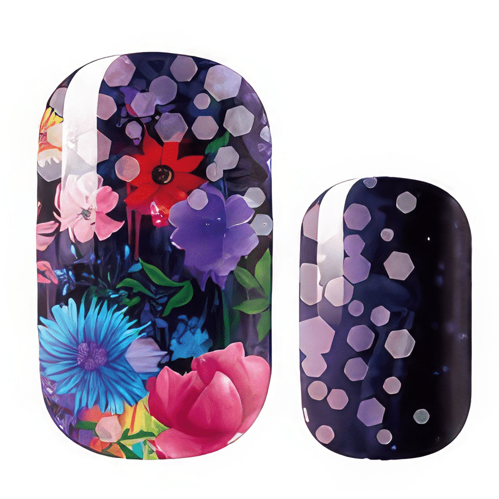 Dark purple nail wraps with colourful tropical flowers and geometric dot pattern accent