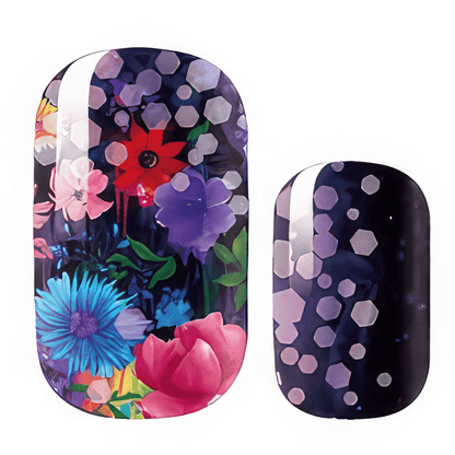 Dark purple nail wraps with colourful tropical flowers and geometric dot pattern accent