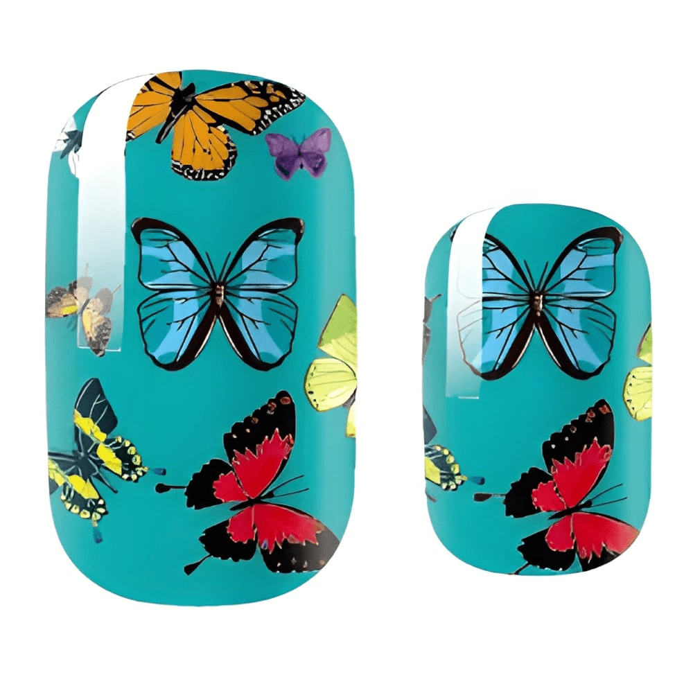 Teal nail wraps with colourful multicoloured butterfly print, glossy finish