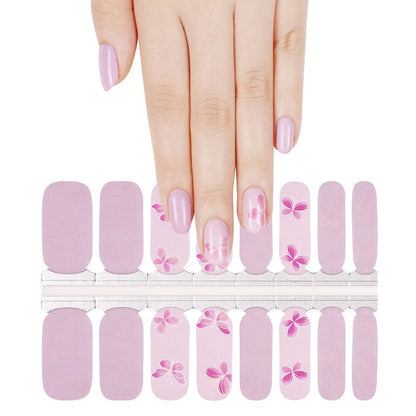 Lilac semi-matte nail wraps with pink butterfly accents, glossy finish