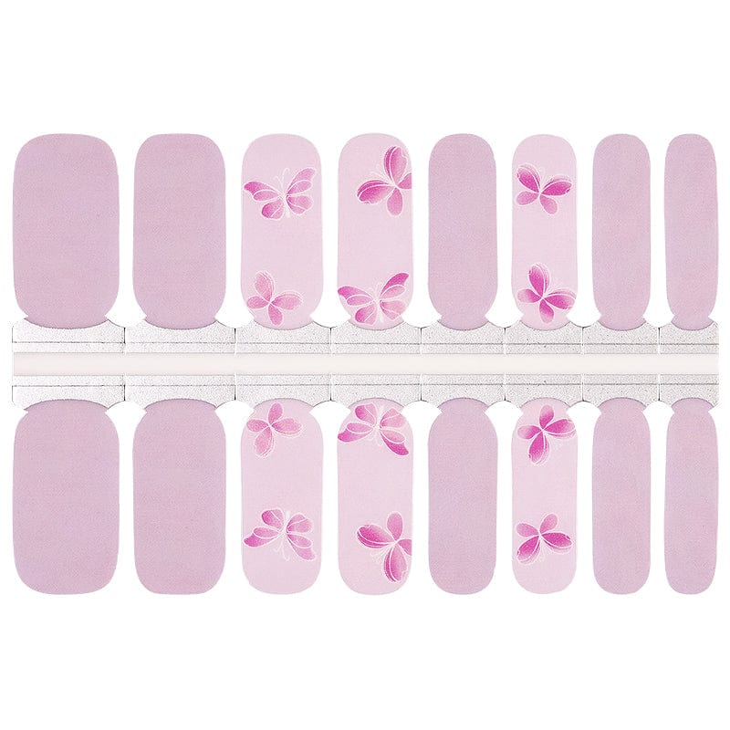 Lilac nail wraps with pink butterfly accents, matte finish