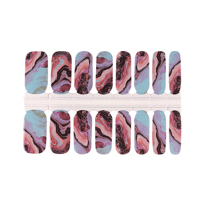 Complete set of marble nail wraps showing blue purple pink abstract stone pattern designs
