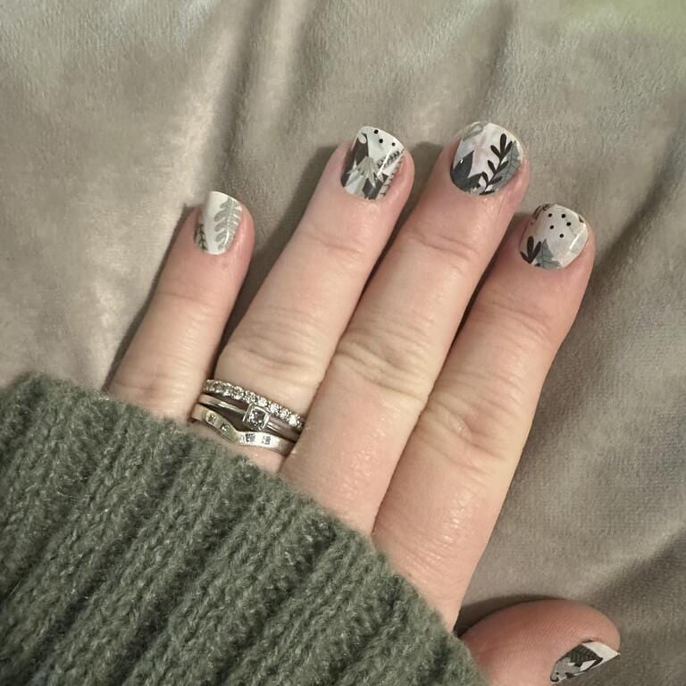 Holy Classics non-UV nail wraps, white with grey botanical leaf and dot design