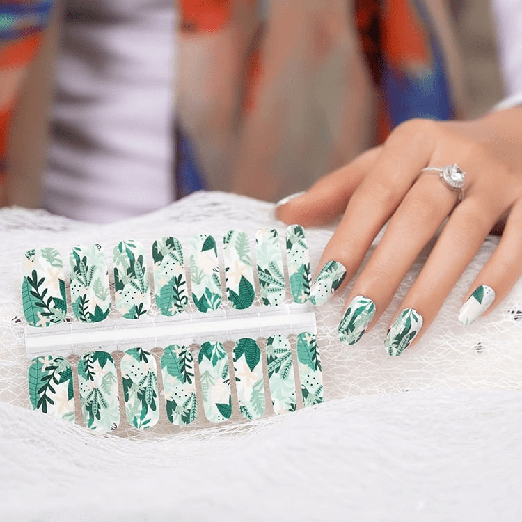 Non-UV nail wraps sheet with green botanical leaf design for at-home manicure