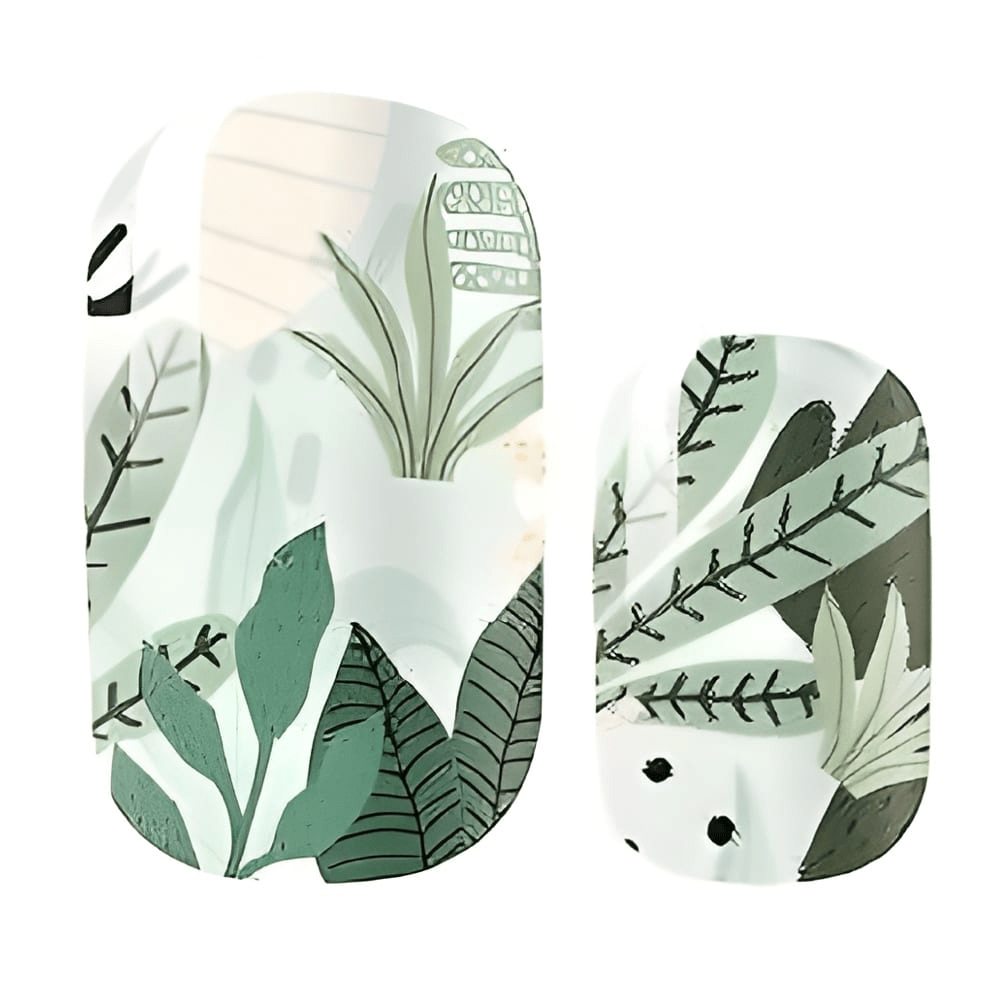 Botanical nail wraps featuring green leaves and foliage pattern for nature-inspired manicure