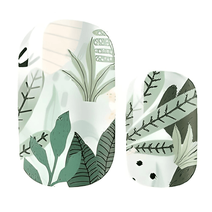 Botanical nail wraps featuring green leaves and foliage pattern for nature-inspired manicure