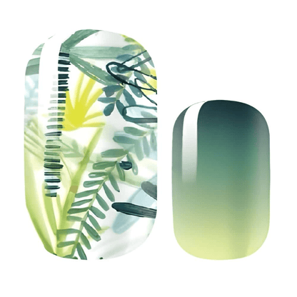 Holy Classics nail wraps with green tropical leaf print and green-to-yellow ombre design