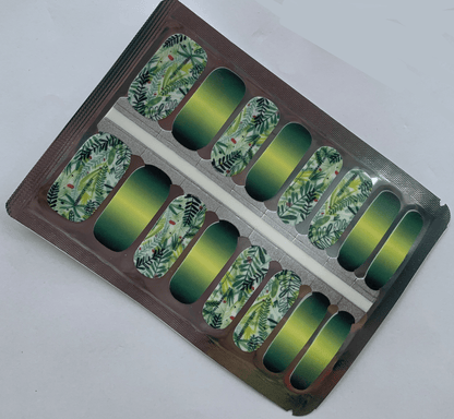 Forest themed non-UV nail wraps featuring green gradient and botanical leaf designs