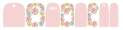 Colourful flower pattern pedicure wraps with pink solid alternating nail art design