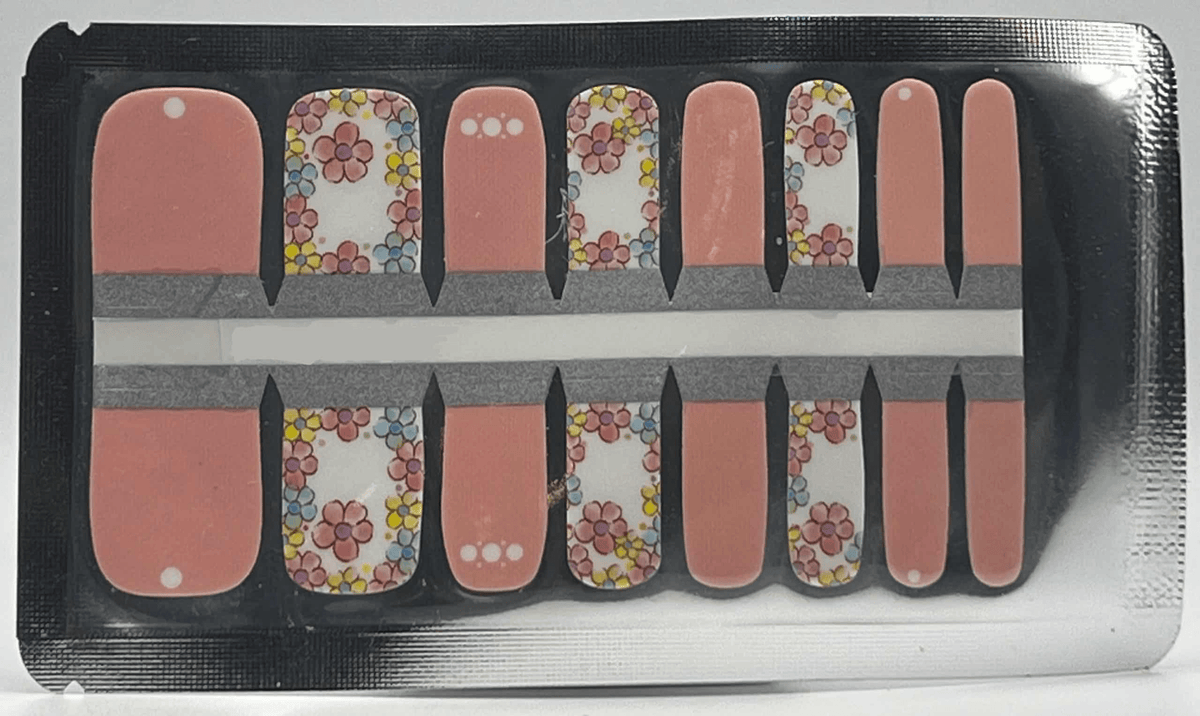 Vintage daisy floral pedicure nail wraps sheet showing multiple sizes ready to apply