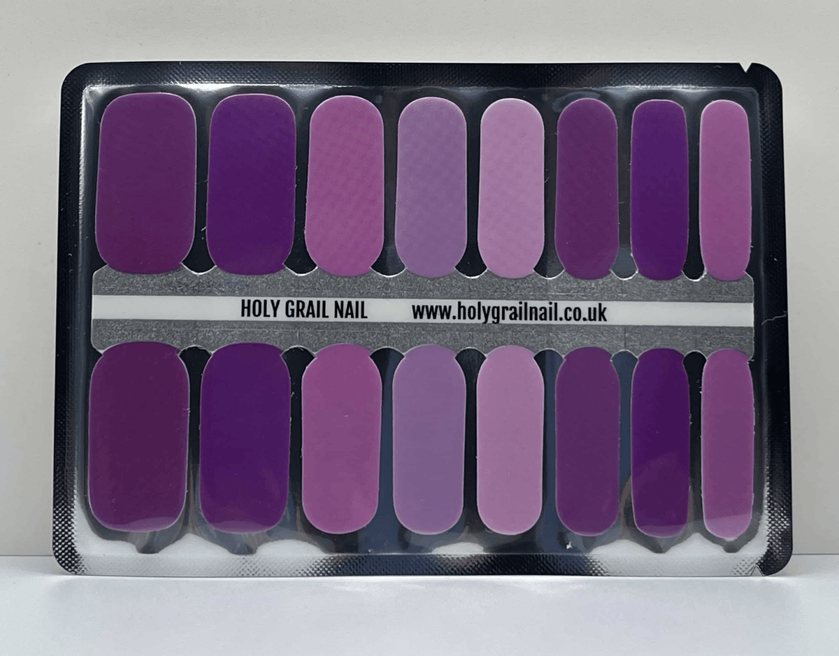 Purple nail wraps sheet showing gradient mauve to deep purple non-UV nail art strips