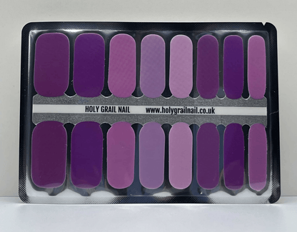 Purple nail wraps sheet showing gradient mauve to deep purple non-UV nail art strips