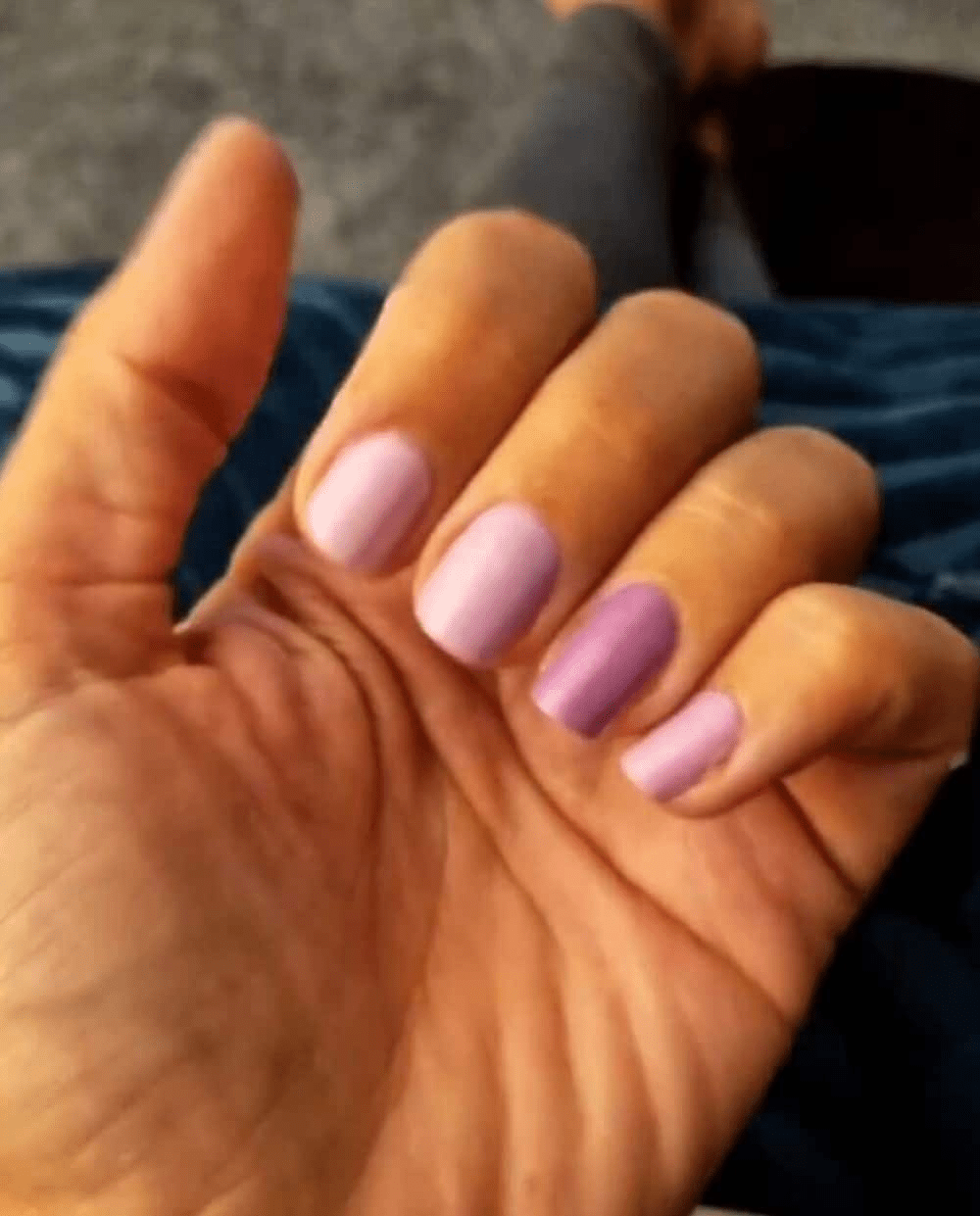 Matte lilac purple nail wraps on short round nails, solid colour finish