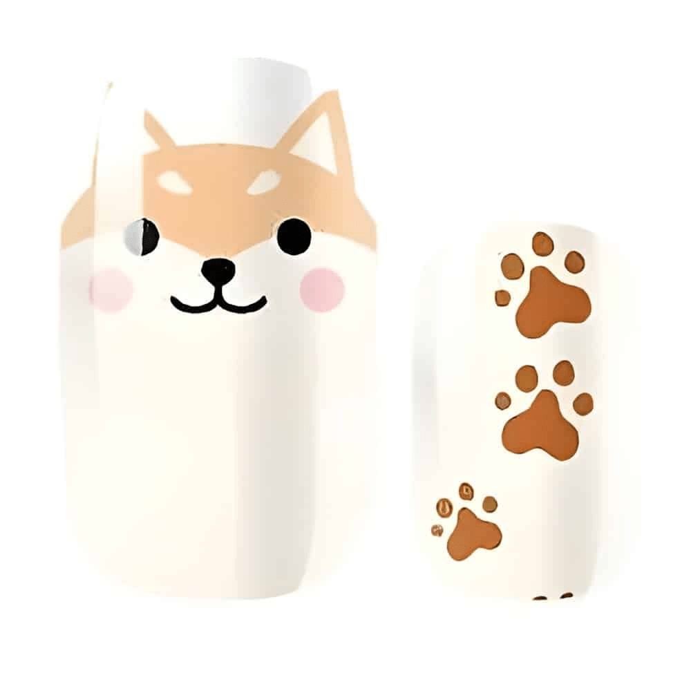 Cute fox character nail wraps with brown paw prints on cream background