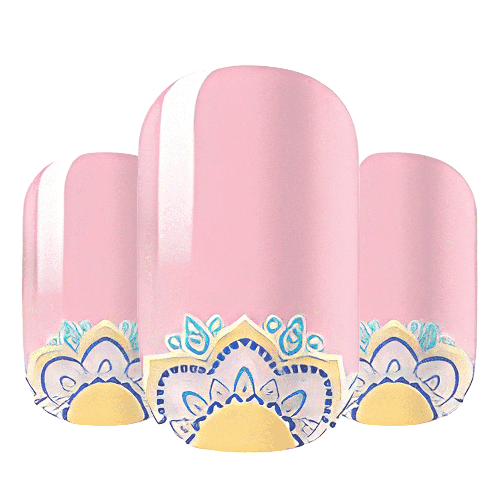Glossy pink nail wraps with white stripe and blue-yellow mandala pattern at base