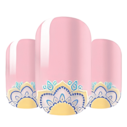 Glossy pink nail wraps with white stripe and blue-yellow mandala pattern at base